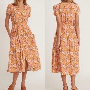 Marine Layer Annika Midi Dress floral short sleeve button front orange 70s